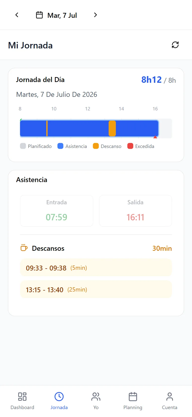 App móvil, perfil empleado: mi jornada con fichajes y descansos