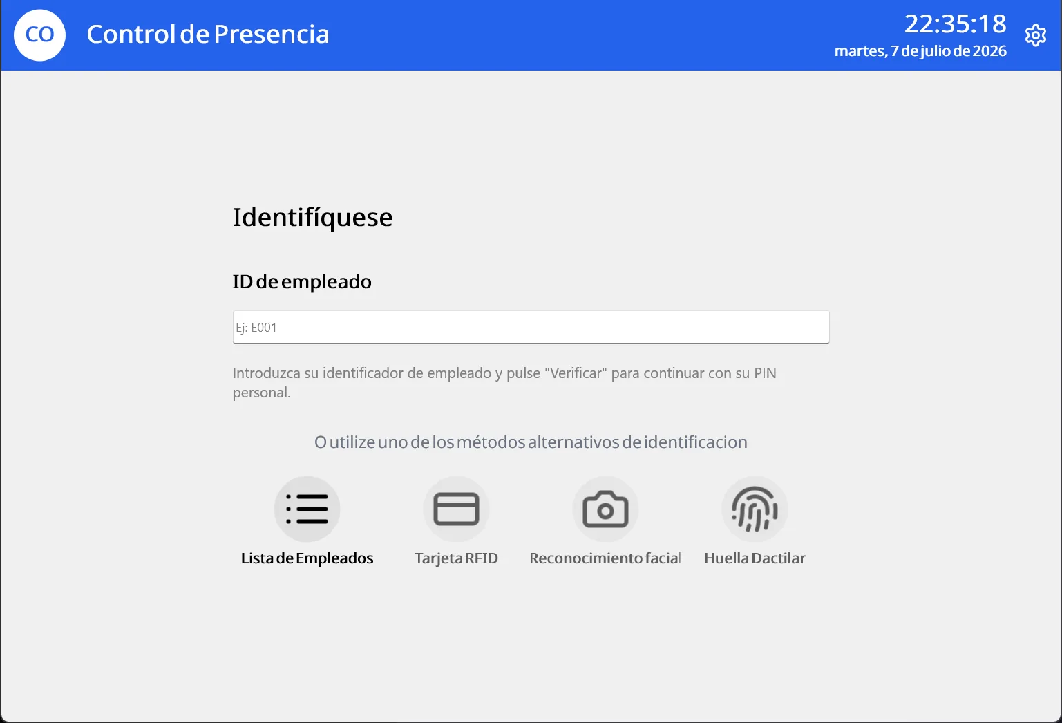 Kiosco de fichaje: identificación por ID de empleado, tarjeta RFID, reconocimiento facial o huella dactilar